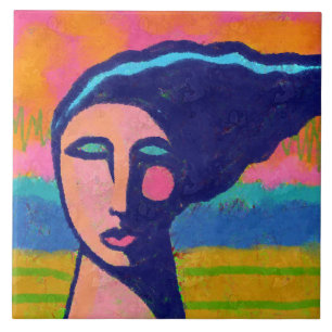 A Windy Day Abstract Digital Portrait of a Woman Ceramic Tile
