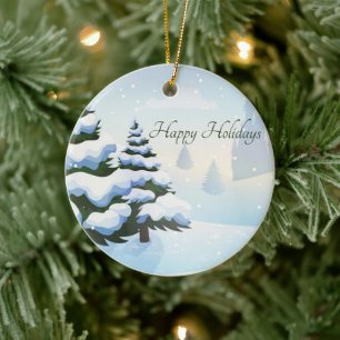 A winter day with a Christmas tree covered in snow Ceramic Ornament