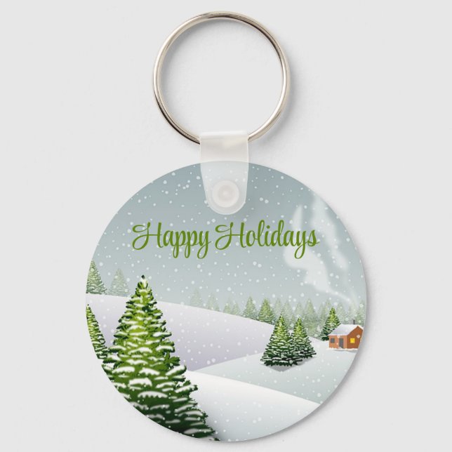 A winter day with a Christmas tree covered snow Key Ring (Front)