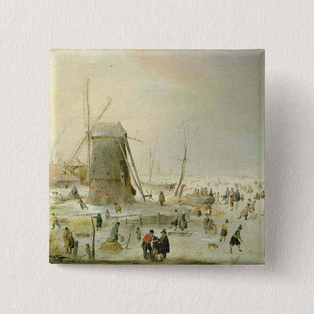 A winter scene with skaters by a windmill 15 cm square badge (Front)