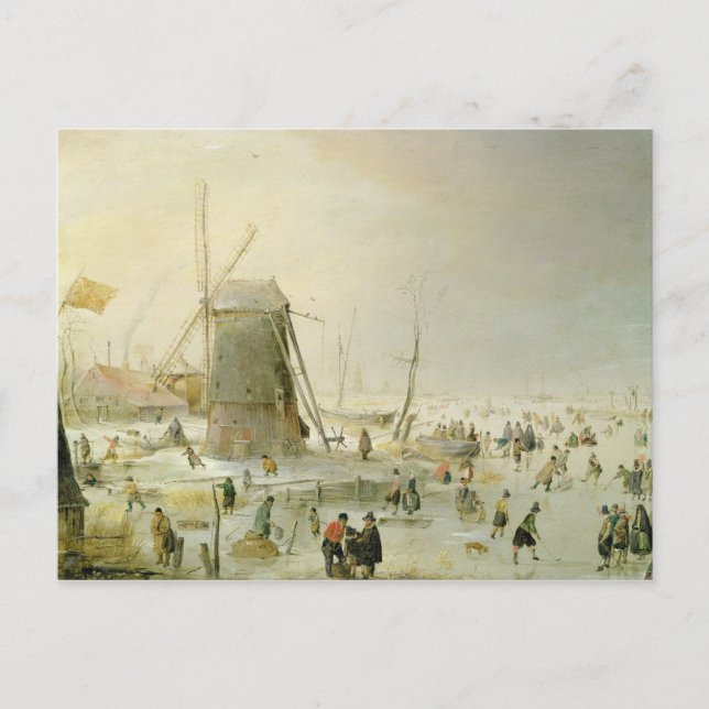A winter scene with skaters by a windmill postcard (Front)