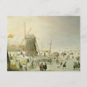 A winter scene with skaters by a windmill postcard