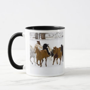 A winter scenic of running horses mug