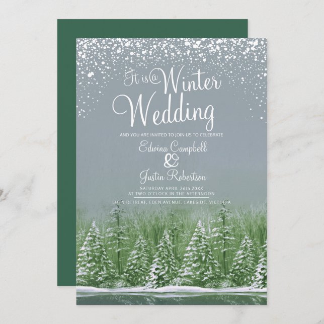 A winter wedding pine trees lake grey green art invitation (Front/Back)