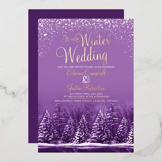 A winter wedding pine trees lake purple art  (Front/Back)