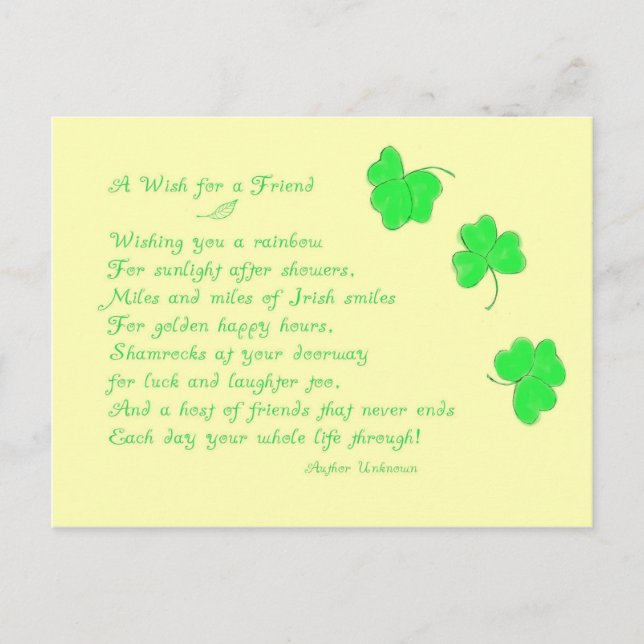 A Wish for a Friend-Irish Poem+Shamrocks Postcard (Front)