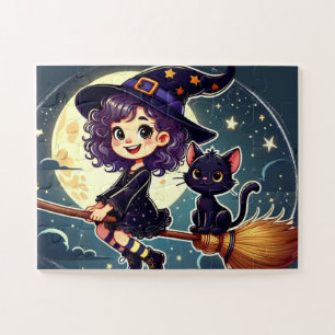 A witch and a cat on a broom puzzle