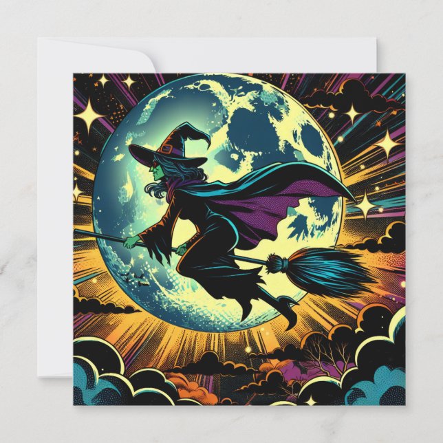 A Witch and a Full Moon Halloween Party Invitation (Front)