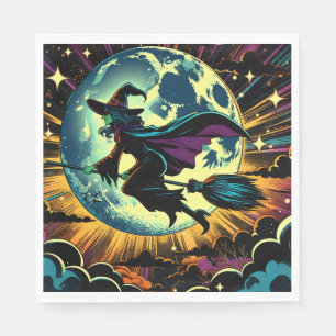 A Witch and a Full Moon Halloween Party Napkin
