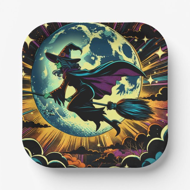 A Witch and a Full Moon Halloween Party Paper Plate (Front)