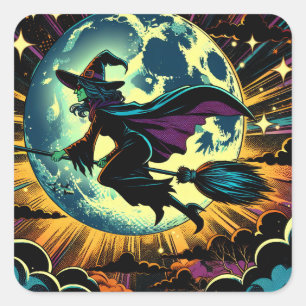 A Witch and a Full Moon Halloween Party Square Sticker