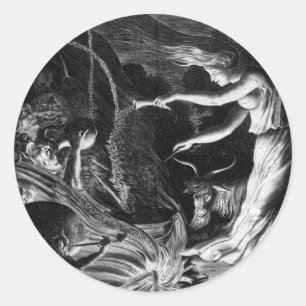 A Witch At Her Cauldron Surrounded By J Wellcome Classic Round Sticker