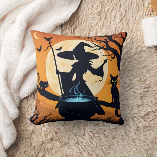 A witch brewing potions under a full moon cushion (Blanket)