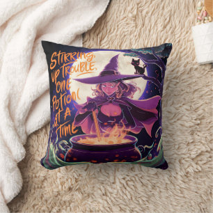 A witch brewing potions under a full moon cushion