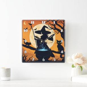 A witch brewing potions under a full moon square wall clock