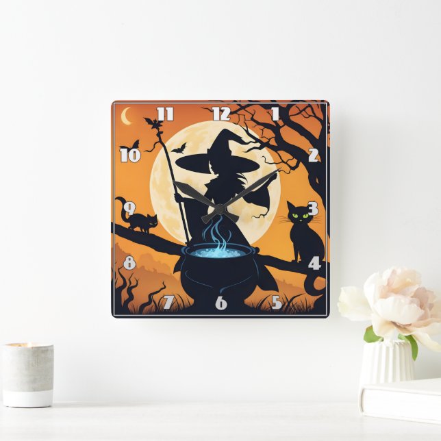 A witch brewing potions under a full moon square wall clock (Home)