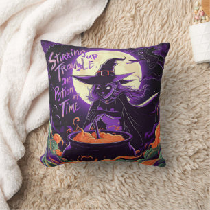 A witch brews potions under a full moon at night cushion