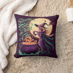 A witch brews potions under a full moon at night cushion