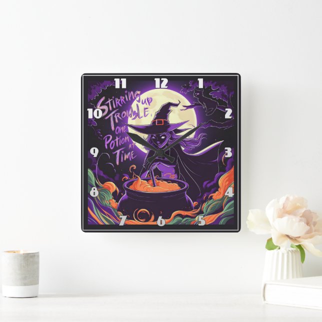 A witch brews potions under a full moon at night square wall clock (Home)