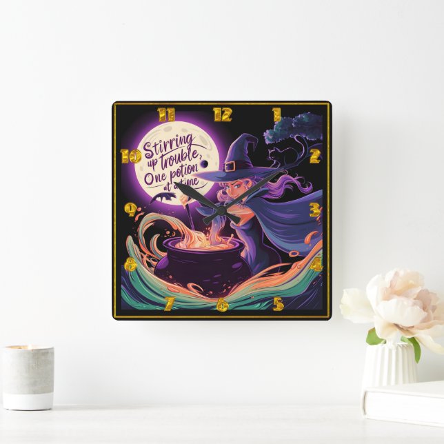 A witch brews potions under a full moon square wall clock (Home)