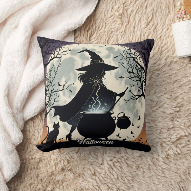 A witch brews potions under a glowing full moon cushion (Blanket)