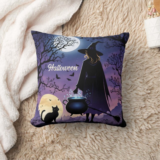 A witch brews potions under the full moon cushion (Blanket)