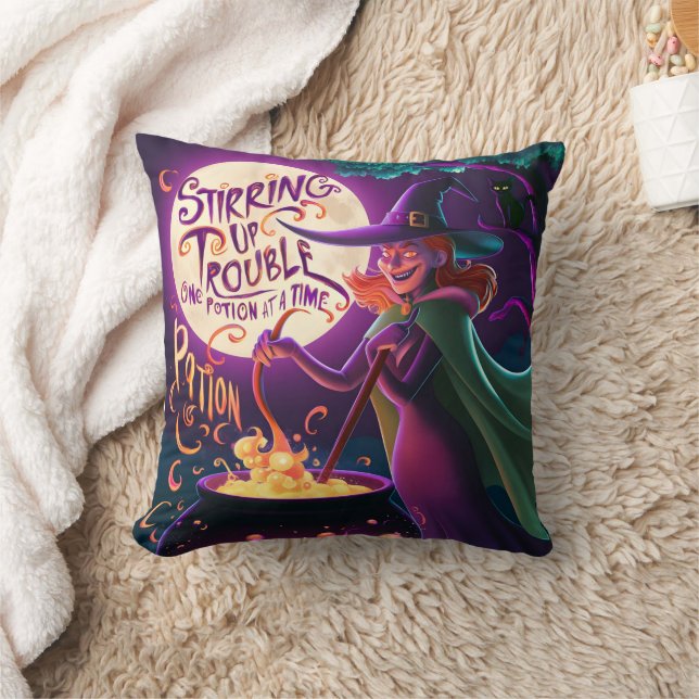 A witch brews potions under the full moon cushion (Blanket)