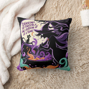 A witch brews potions under the full moon cushion