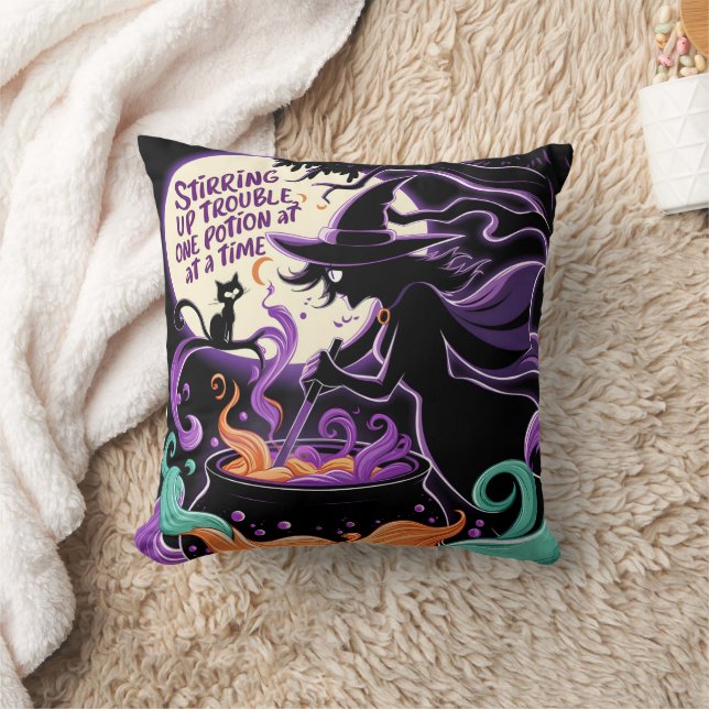 A witch brews potions under the full moon cushion (Blanket)
