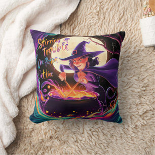 A witch brews potions under the full moon cushion