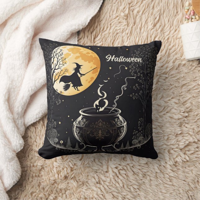A witch brews potions under the full moon cushion (Blanket)