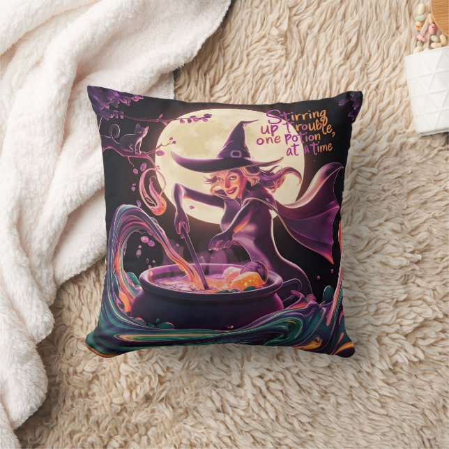 A witch brews potions under the full moon cushion (Blanket)