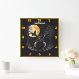 A witch brews potions under the full moon square wall clock