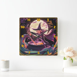 A witch brews potions under the full moon square wall clock