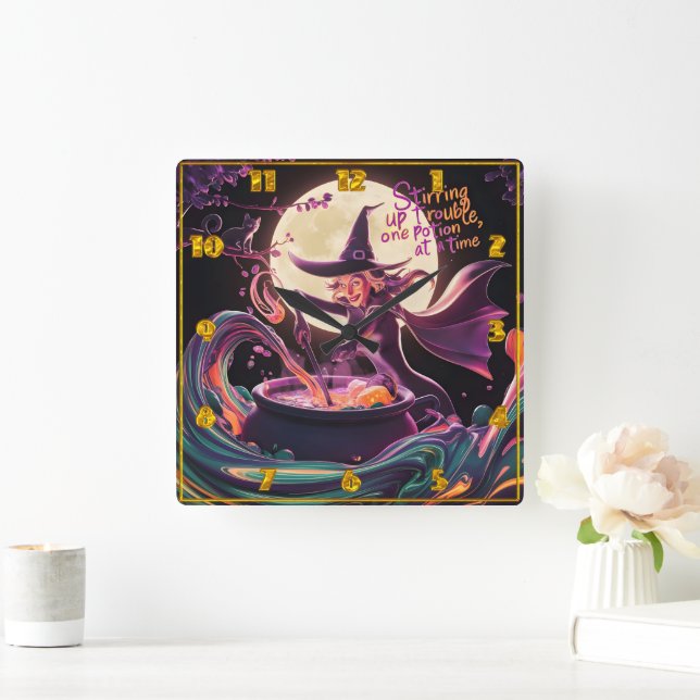 A witch brews potions under the full moon square wall clock (Home)