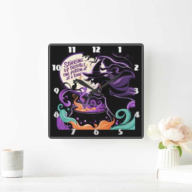 A witch brews potions under the full moon square wall clock (Home)