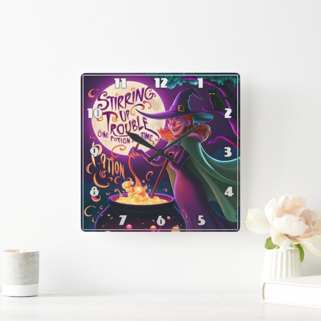 A witch brews potions under the full moon square wall clock (Home)