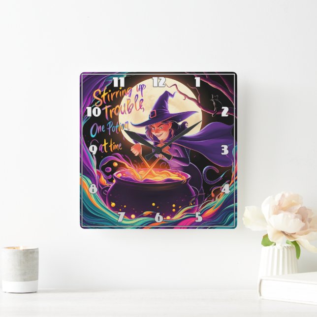 A witch brews potions under the full moon square wall clock (Home)