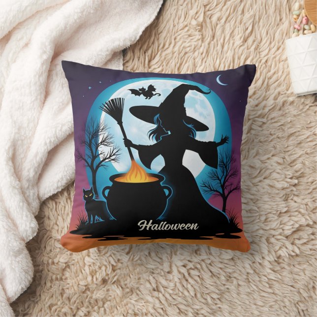 A witch brews up magic under a full moon cushion (Blanket)