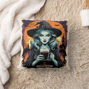 A witch brews up magic under a full moon cushion