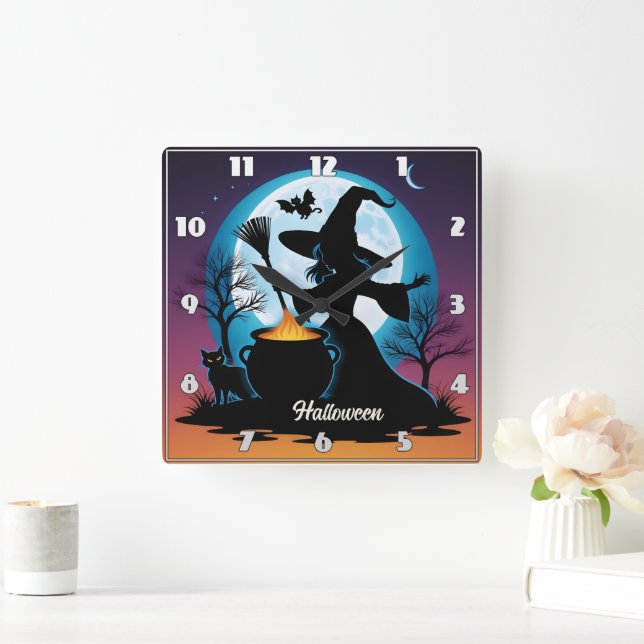 A witch brews up magic under a full moon square wall clock (Home)