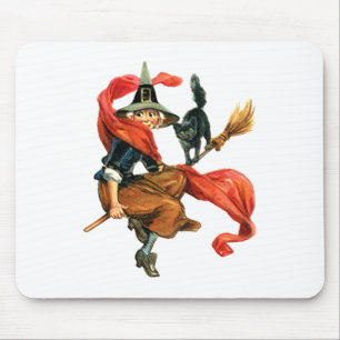 A Witch Flies on Her Broom with her Black Cat Mouse Pad
