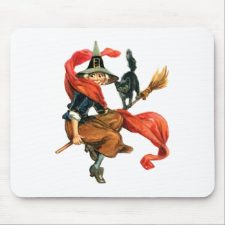 A Witch Flies on Her Broom with her Black Cat Mouse Pad