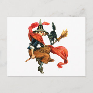 A Witch Flies on Her Broom with her Black Cat Postcard