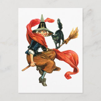 A Witch Flies on Her Broom with her Black Cat Postcard