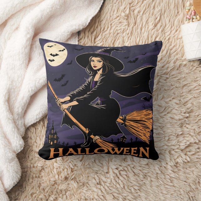 A witch flying over a haunted landscape at night cushion (Blanket)