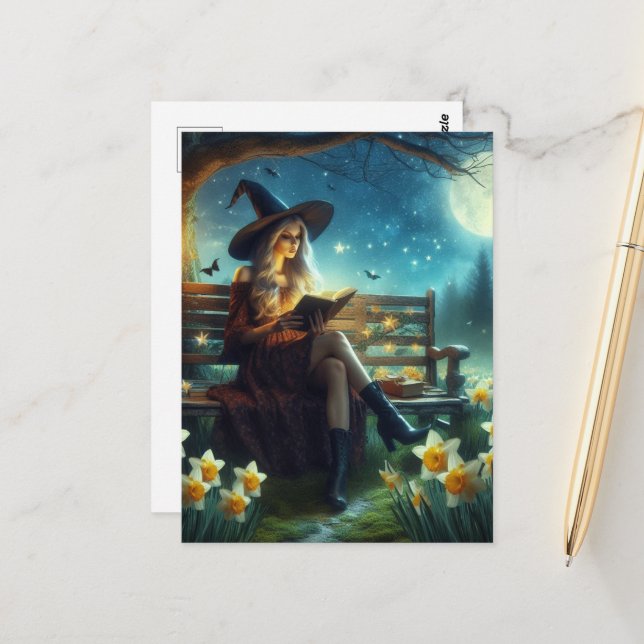 A Witch Reading Near the Daffodils at Night Postcard (Front/Back In Situ)