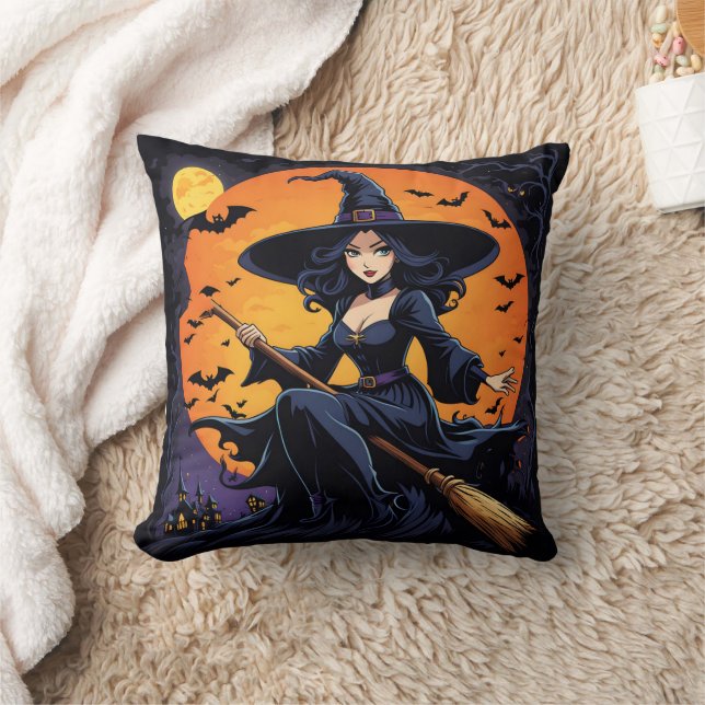 A witch rides her broom beneath a harvest moon cushion (Blanket)