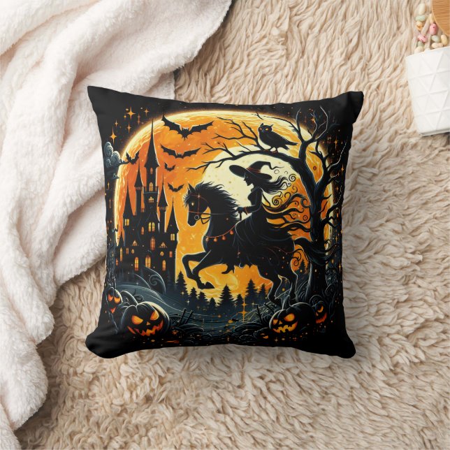A witch rides under a spooky harvest moon cushion (Blanket)