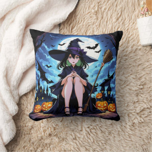 A witch sits by pumpkins under the moonlight cushion